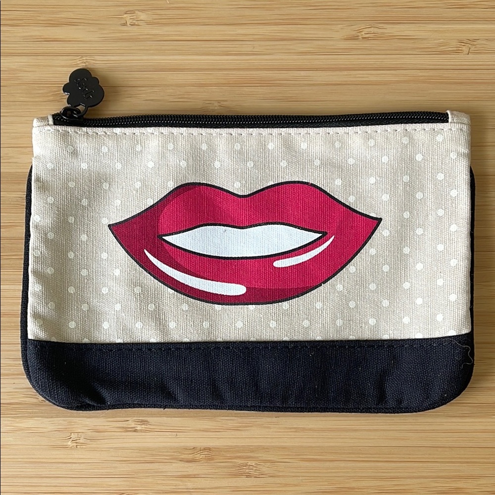Ipsy Bag - Stylish Cream and Black Lip Print Polka Dot Pouch